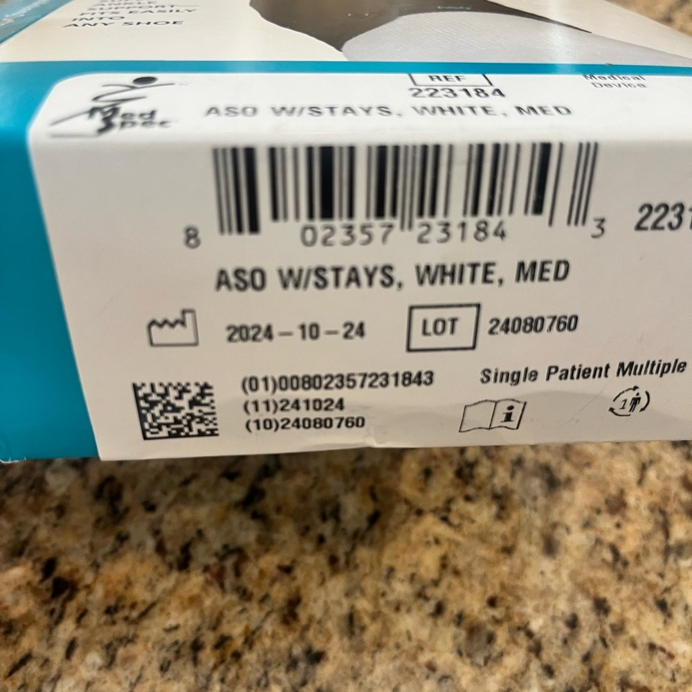 Brand new ASO White Ankle Brace with Stays